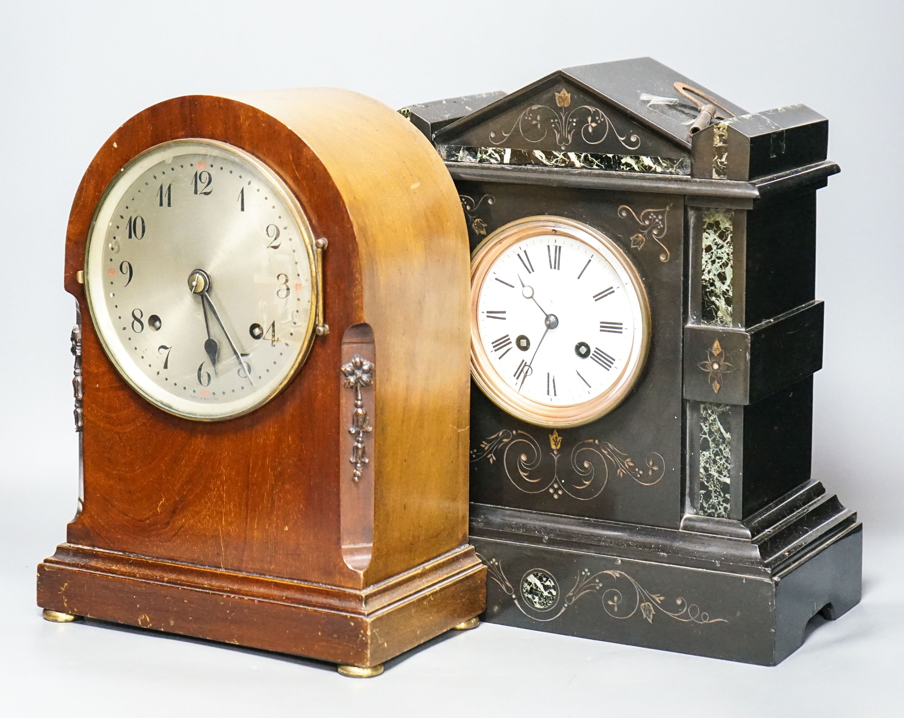 A Victorian slate clock and a 1930's arched clock